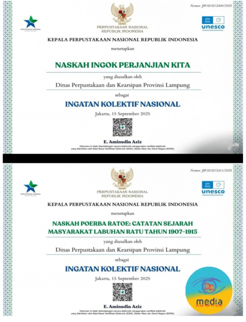 Dua Naskah Kuno Asal Lampung Raih Sertifikat IKON Tahun 2025 dari Perpusnas RI